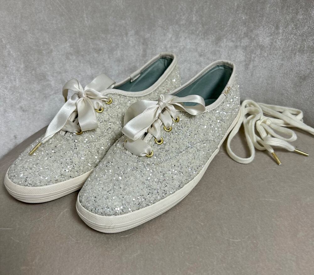 NEW! Keds X Kate Spade New York Champion White Glitter Sneakers w/ Ribbon, 6.5